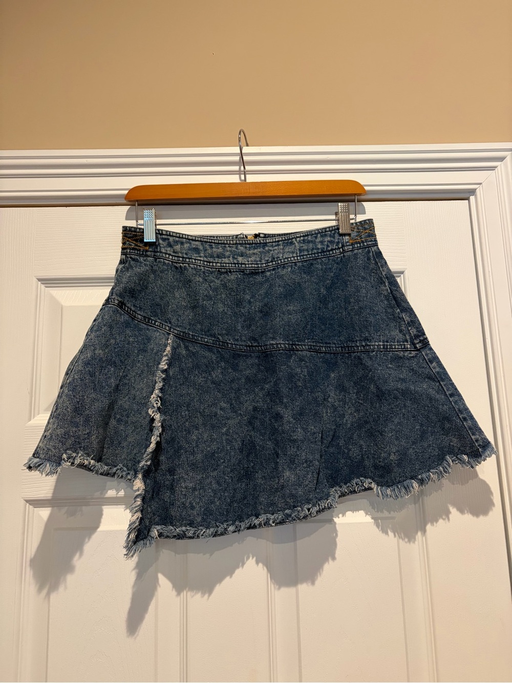 BCBGeneration Acid Wash Denim Asymmetrical Mini Skirt in Dark Blue